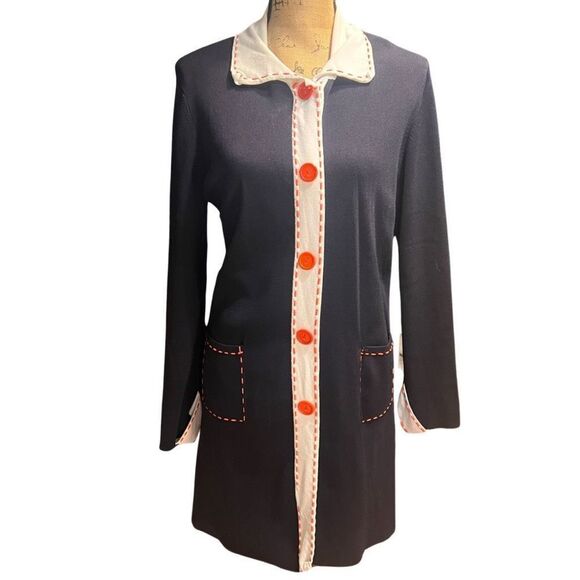 Like New 1960 Navy Blue Peter Pan Collar Long Sleeve Button Down Dress/Cardigan - Picture 2 of 11